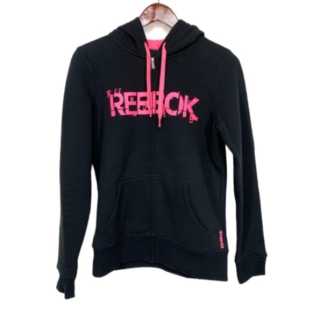 Reebok Jet Black & Hot Pink Spellout Full Zip Hoodie Pink Lined Hood Small